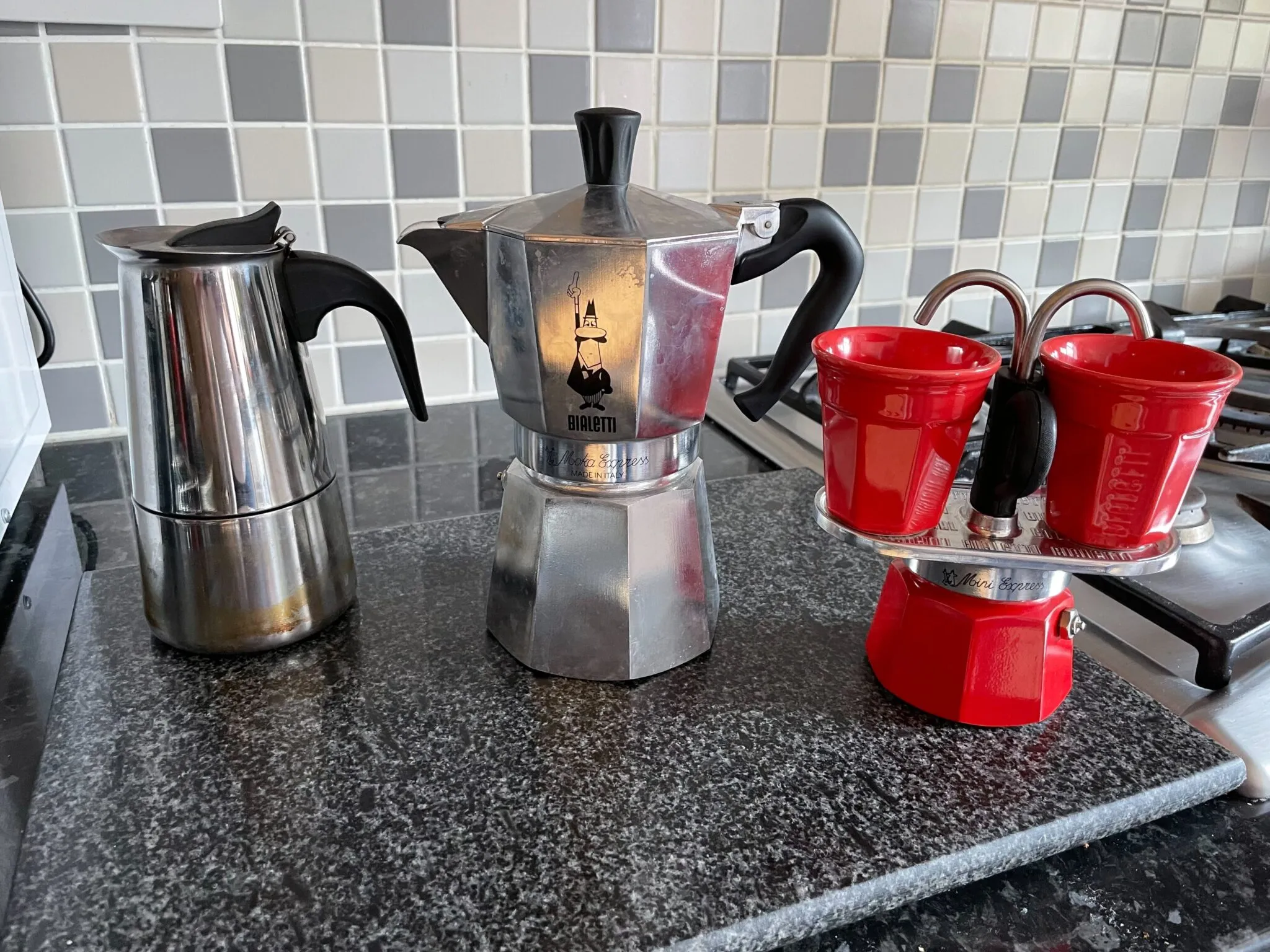 My three Moka Pots, sat on my kitchen counter